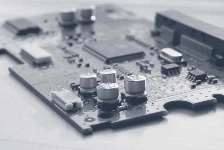 Close-up of electronic circuit board with capacitors, microchips, and PCB components